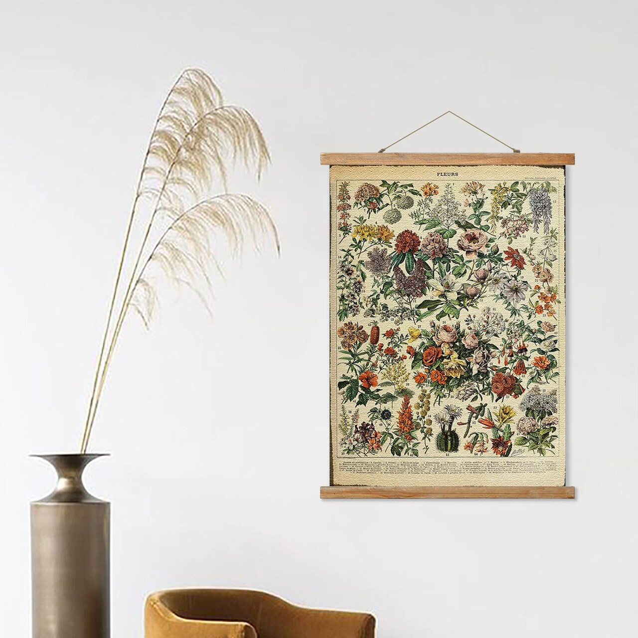 Flower Poster Hanger Frame, Retro Style Wall Art Prints, Printed on Linen with Natural Wooden Frames, Wall Hanging Decor